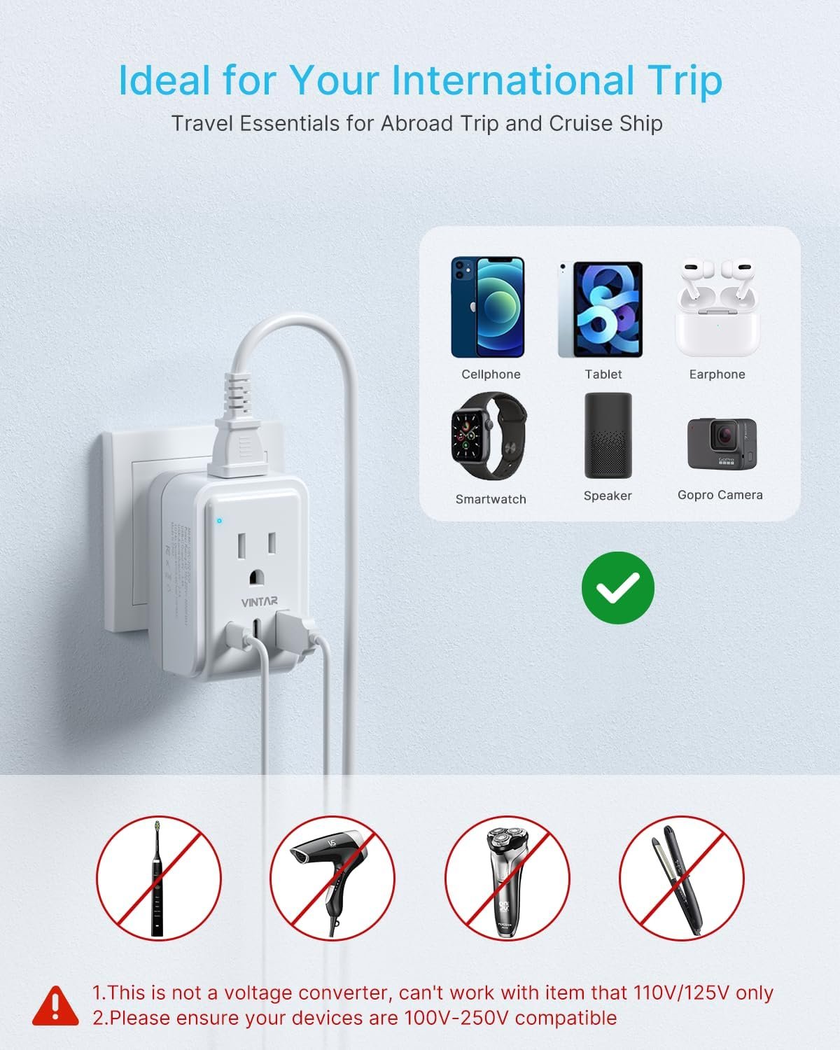 1 Pack European Travel Plug Adapter, VINTAR Foldable International Power Plug with 2 AC Outlets 3 USB Ports(2 USB C), Type C Travel Essentials Charger for Canada to Most of Europe Italy Spain France