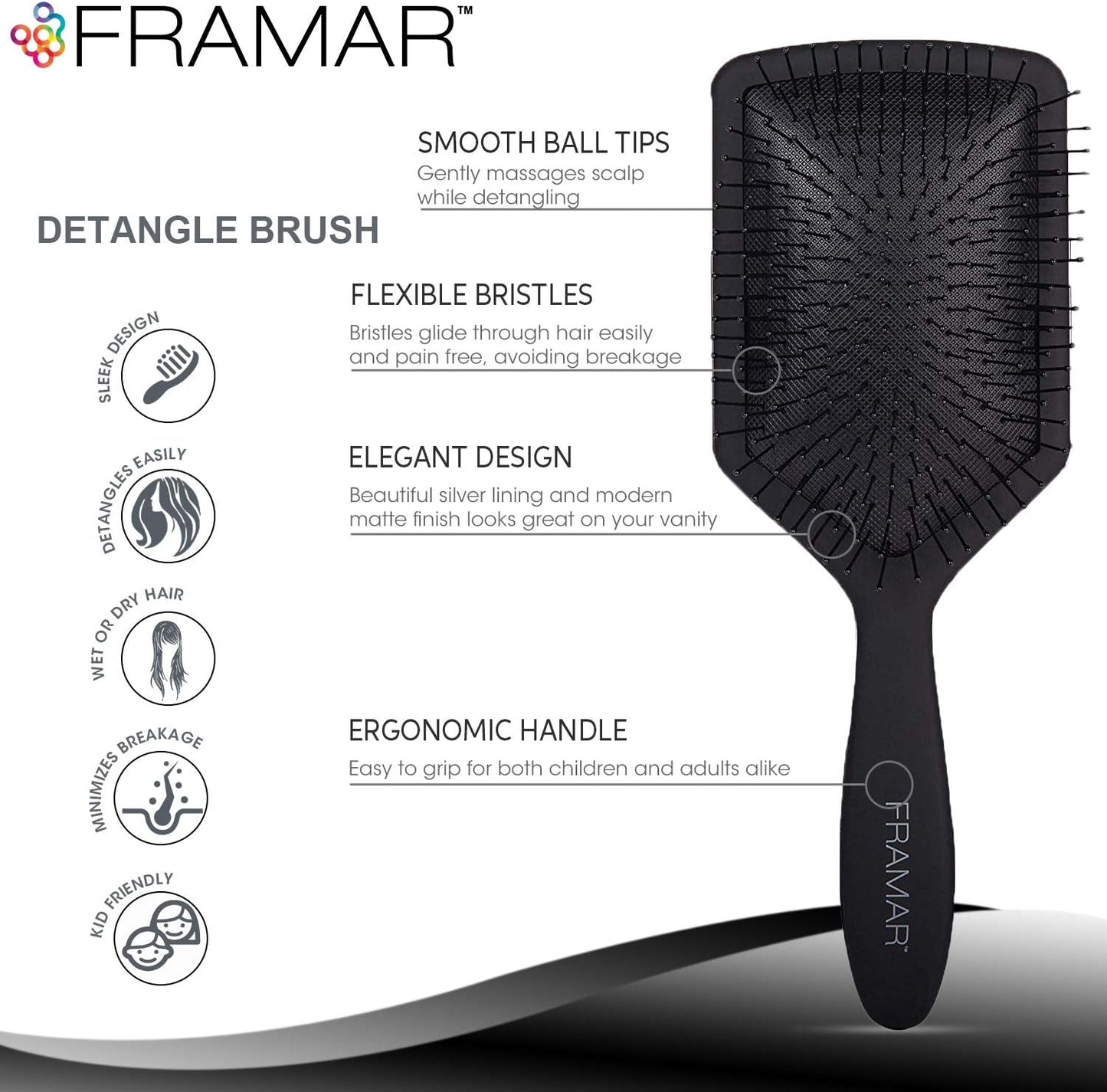 Framar Detangler Brush, Paddle Brush – Elegant Detangling Brush, No more Tangles Hair Brush – Hair Brushes for women, men and children (Black)