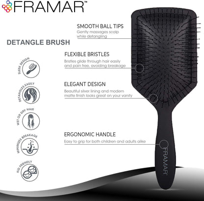 Framar Detangler Brush, Paddle Brush – Elegant Detangling Brush, No more Tangles Hair Brush – Hair Brushes for women, men and children (Black)