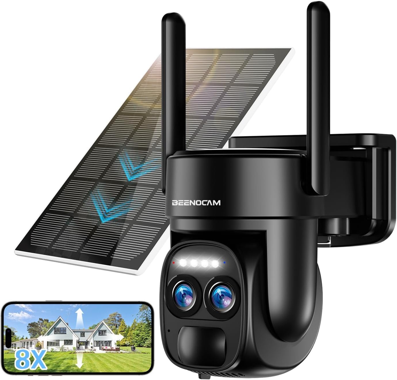 4K 8MP Solar Security Cameras Wireless Outdoor Battery Powered,360Â°PTZ Wireless Cameras for Home Security with Spotlight Siren, 5Dbi Dual antenna,PIR Human Detection,Color Night Vision,2-Way Talk