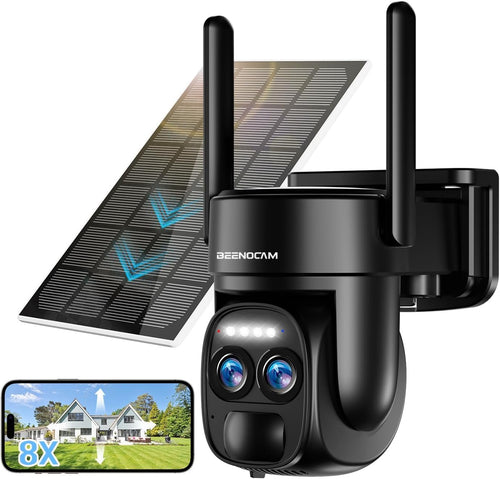 4K 8MP Solar Security Cameras Wireless Outdoor Battery Powered,360Â°PTZ Wireless Cameras for Home Security with Spotlight Siren, 5Dbi Dual antenna,PIR Human Detection,Color Night Vision,2-Way Talk
