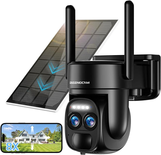 4K 8MP Solar Security Cameras Wireless Outdoor Battery Powered,360Â°PTZ Wireless Cameras for Home Security with Spotlight Siren, 5Dbi Dual antenna,PIR Human Detection,Color Night Vision,2-Way Talk