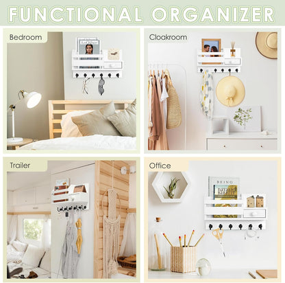 VIS'V Key Holder Wall Mount, Wooden Mail and Key Organizer with Drawer and Shelf, 2 Slots, 6 Hooks, White