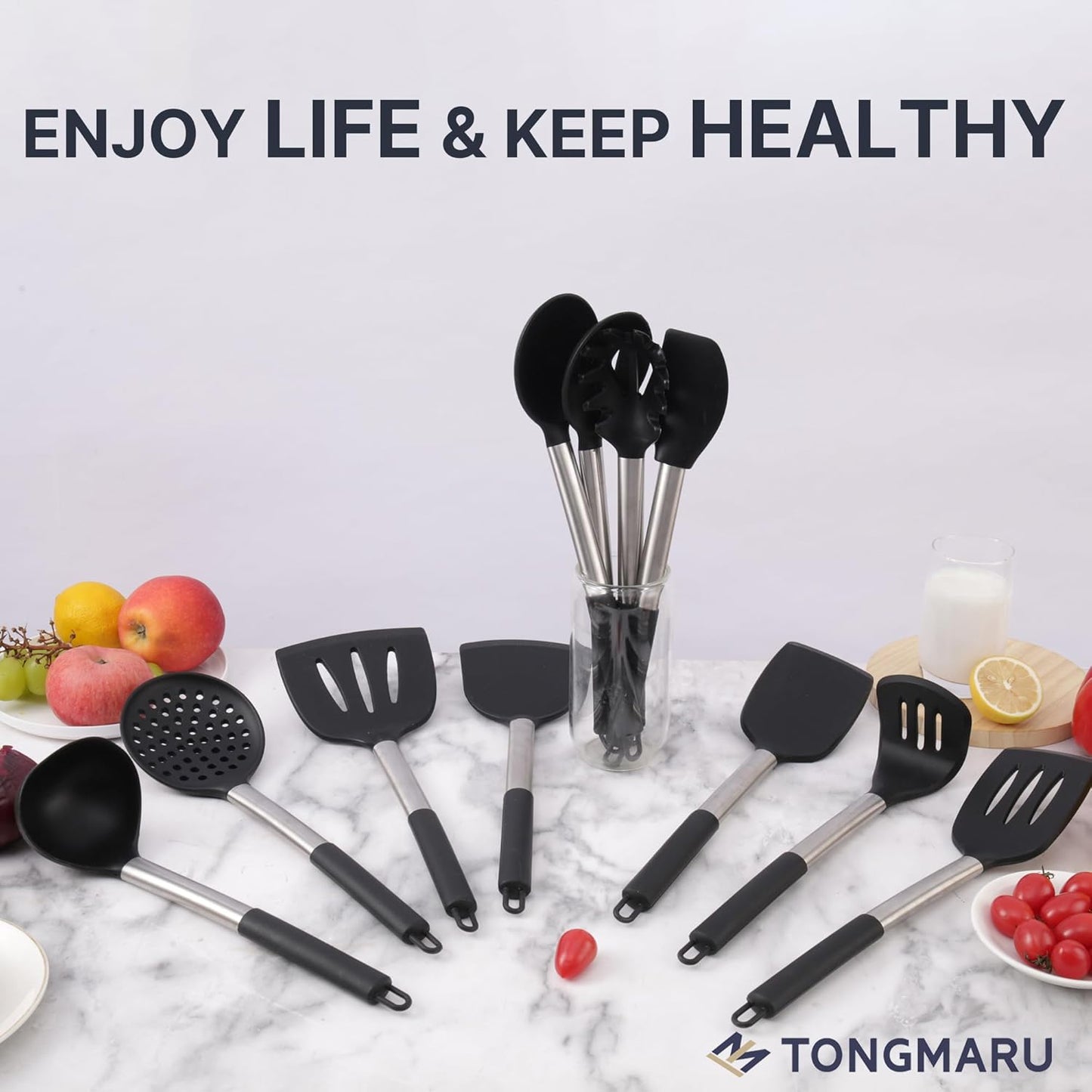 TONGMARU 11 PCS Silicone Kitchen Cooking Utensils Set with Stainless Steel Handle, Spatula Set, Cooking Utensil Set, Kitchen Tools Gadgets for Nonstick Cookware, BPA FREE, 446°F Resistant (Black)