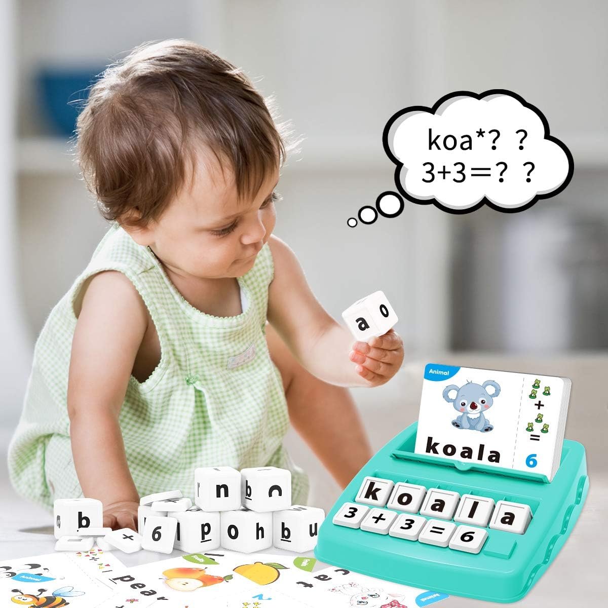 KaeKid Kids Learning Toys for 3 4 5 6 7 8 Year Olds, Matching Letter Spelling Games with 32 Flash Cards, Math Learning Preschool Educational Game, Birthday Boys Girls (Green)