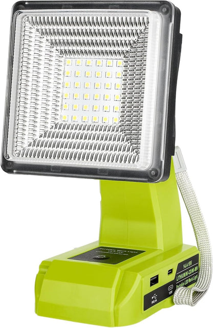 Cordless LED Work Light for Ryobi 18V Battery, 25W LED Floodlight with USB-A&USB-C 2.1A Fast Charging Ports for Jobsite, Car Repairing, Camping, Emergency