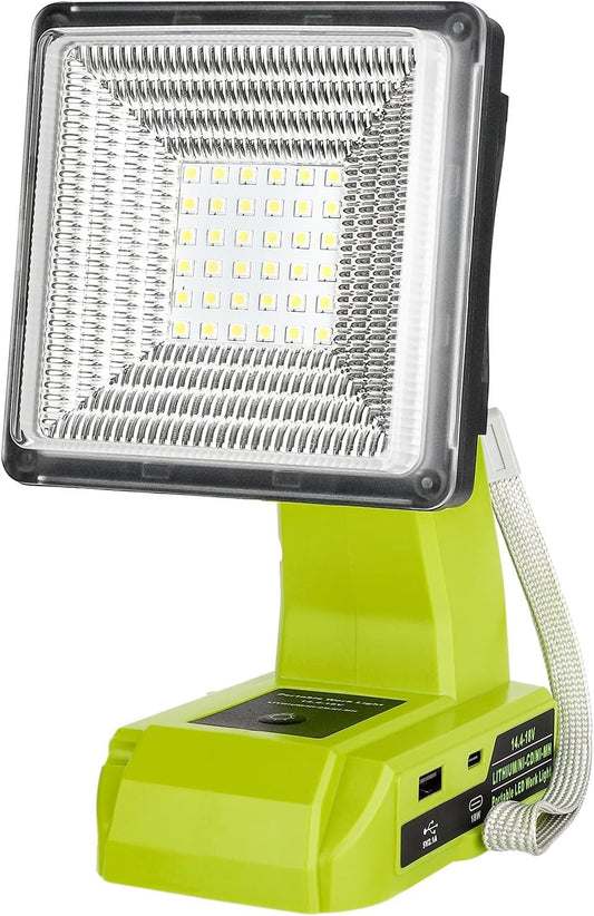 Cordless LED Work Light for Ryobi 18V Battery, 25W LED Floodlight with USB-A&USB-C 2.1A Fast Charging Ports for Jobsite, Car Repairing, Camping, Emergency