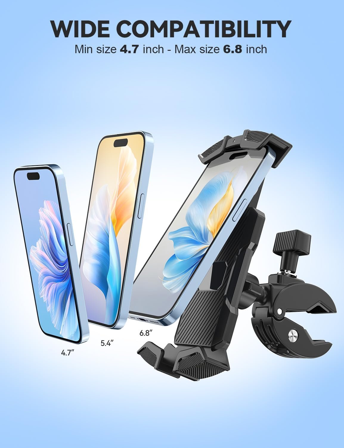 Oraolo Motorcycle Phone Mount, Bike Phone Holder, Phone Holder for Bike Scooter Handlebar, Security Lock, One-Hand Operation, 360° Rotatable Phone Mount Compatible with 4.7-6.8" Phones, 1 Pack