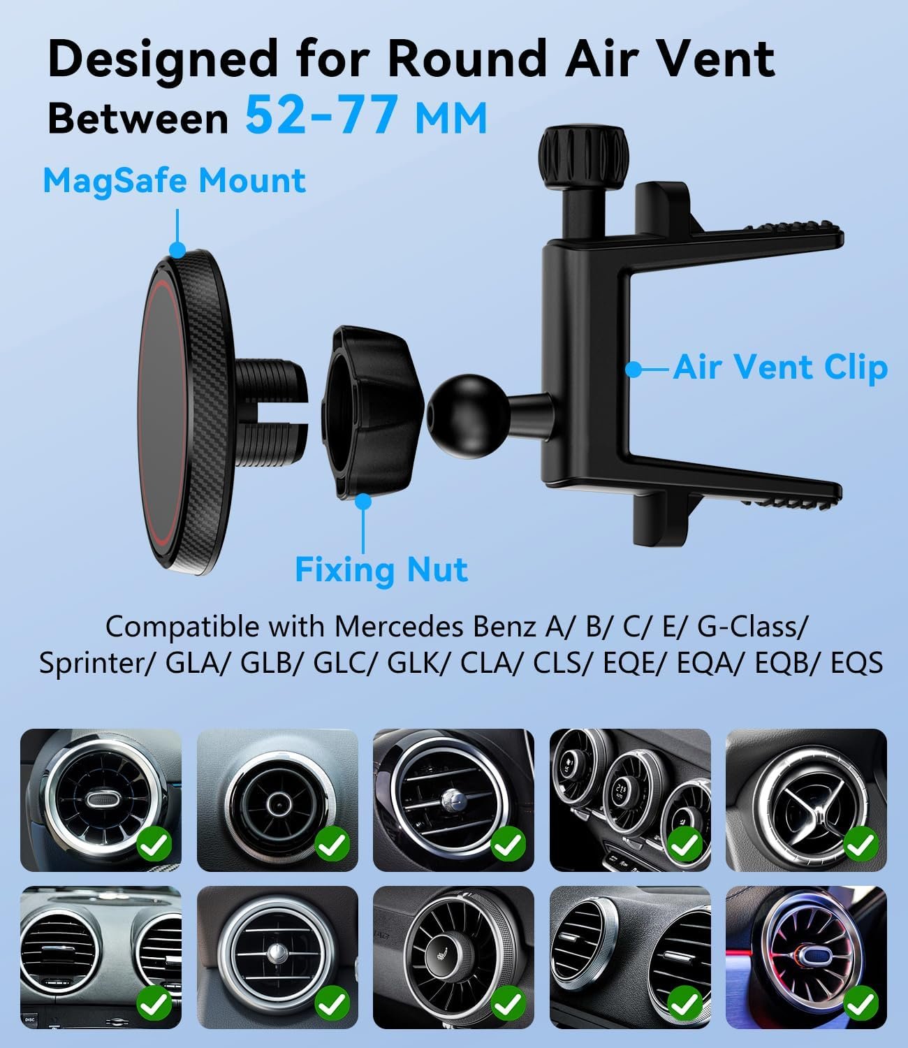 ALAFLY Compatible with Magsafe Car Mount for Mercedes Benz A/B/C/E/G/GLA/GLK/Mini Cooper Round Air Vent, Strong Magnetic Phone Holder for iPhone 16 15 14 13 12 Pro Max Plus Mini