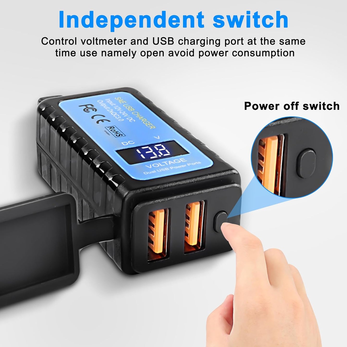 MEIRIYFA Motorcycle USB Phone Charger, SAE to Dual USB Phone Tablet GPS Charger Adapter 3A Fast Charger with Dual USB QC3.0, Voltmeter, ON/Off Switch Waterproof Motorcycle Accessories