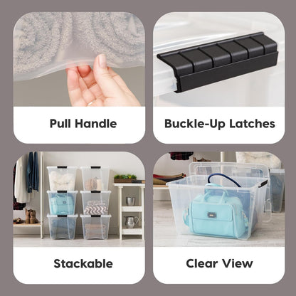 IRIS USA 51 L Plastic Storage Box with Lid and Latches - 6 Pack - BPA-Free, See-Through Organizing Solution, Durable Nestable Stackable Containers, Secure Pull Handle - Clear