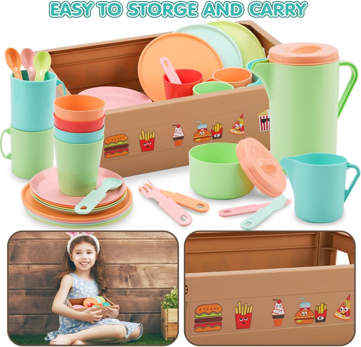 JQLM Pretend Play Kitchen Accessories Toys Set,Plastic Dishes Toy Set Include Plates&Teapot&Cups&Forks& Knife&Carry Basket,Pretend Cooking Accessories,Gifts for 2 3 4 5 6 Years Old Girls Boys Toddler