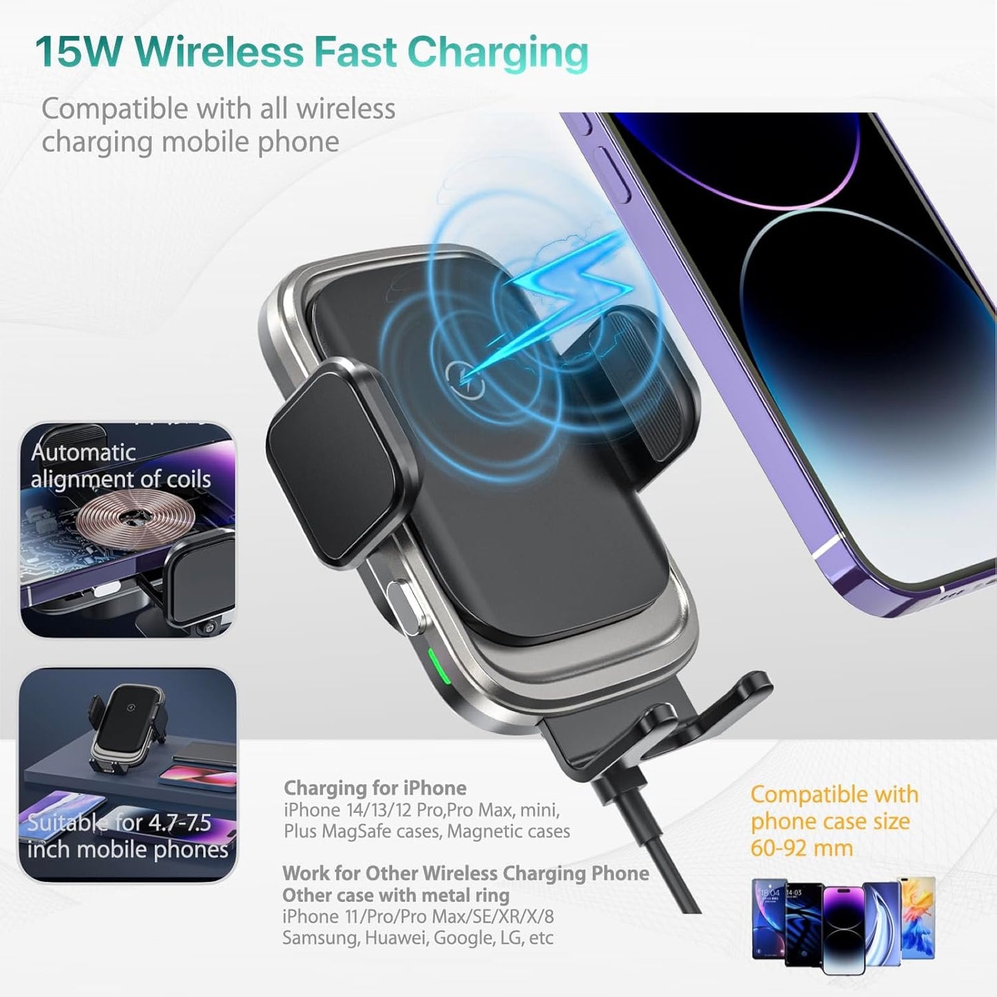 Soflame Wireless Car Charger, 15W Full Auto-Clamping Fast Charging Air Vent Car Wireless Charger for iPhone 16 Series/15 Series/14 Series/11-13 Series/Xr/8, Samsung S23/S22/S21/Note 20