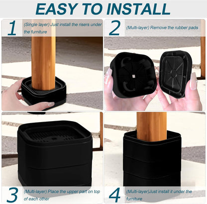 Kvoike 12 Pack Furniture Risers, Adjustable Bed Risers Heavy Duty Stackable Bed Raisers for Table Desk Couch Chair Sofa Cabinet Bed Legs Lift Height 1" (12, Black-2)