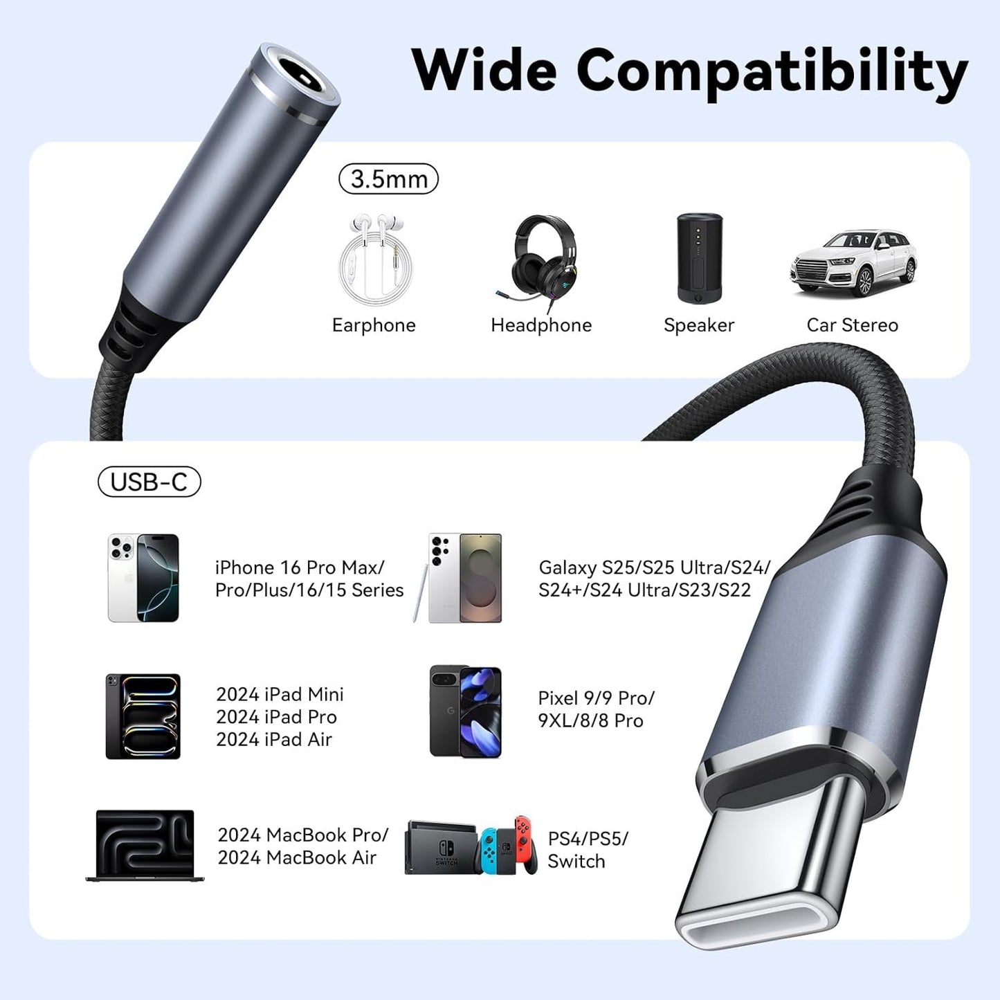USB C to 3.5mm Headphone Adapter Jack Audio Adapter Cable Cord for iPhone 16/15 Pro/Max/Plus Samsung Fold/Flip 6 5 S25 S24 FE Plus Ultra Google Pixel 9, for iPad 10th Pro Mini 6 Air