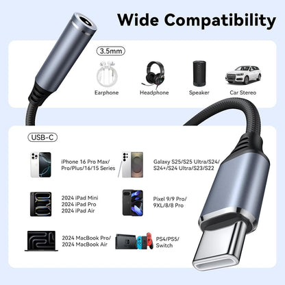 USB C to 3.5mm Headphone Adapter Jack Audio Adapter Cable Cord for iPhone 16/15 Pro/Max/Plus Samsung Fold/Flip 6 5 S25 S24 FE Plus Ultra Google Pixel 9, for iPad 10th Pro Mini 6 Air