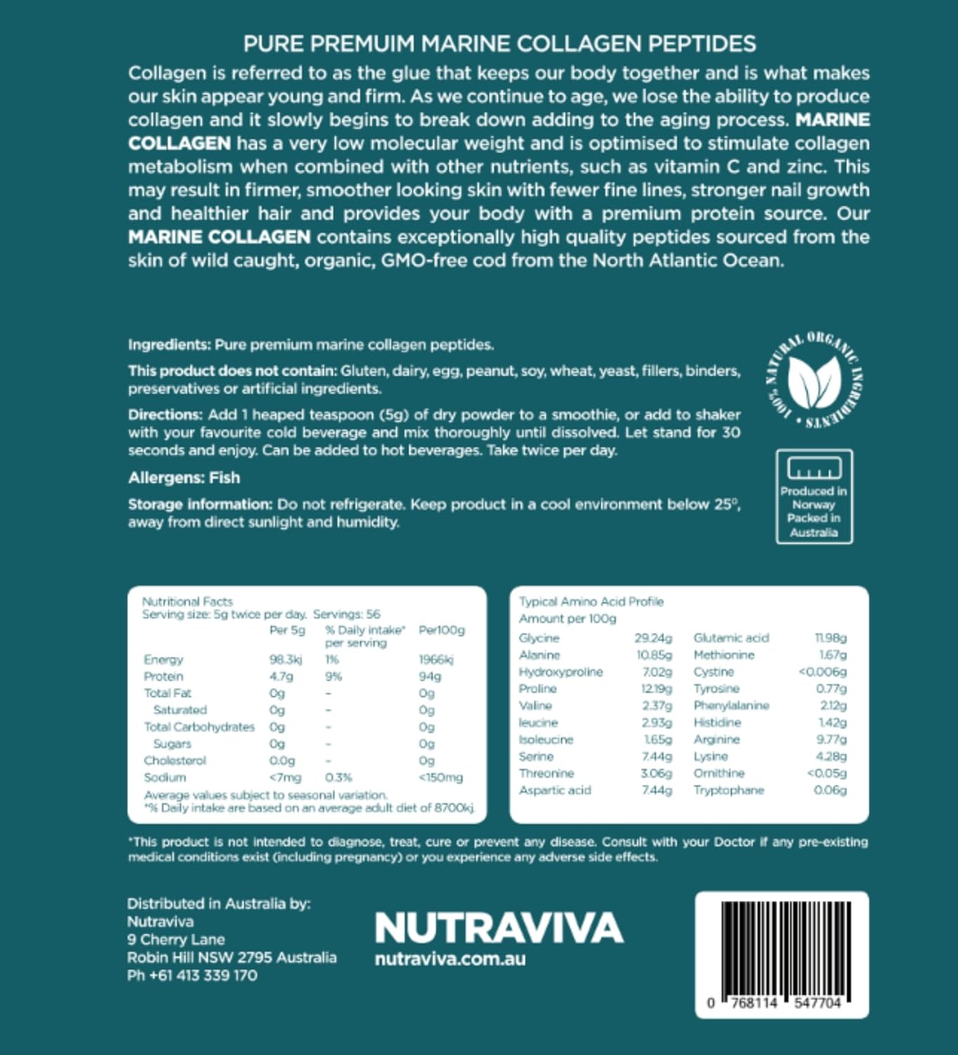 Nutraviva Marine Collagen Powder Supplement 280 g