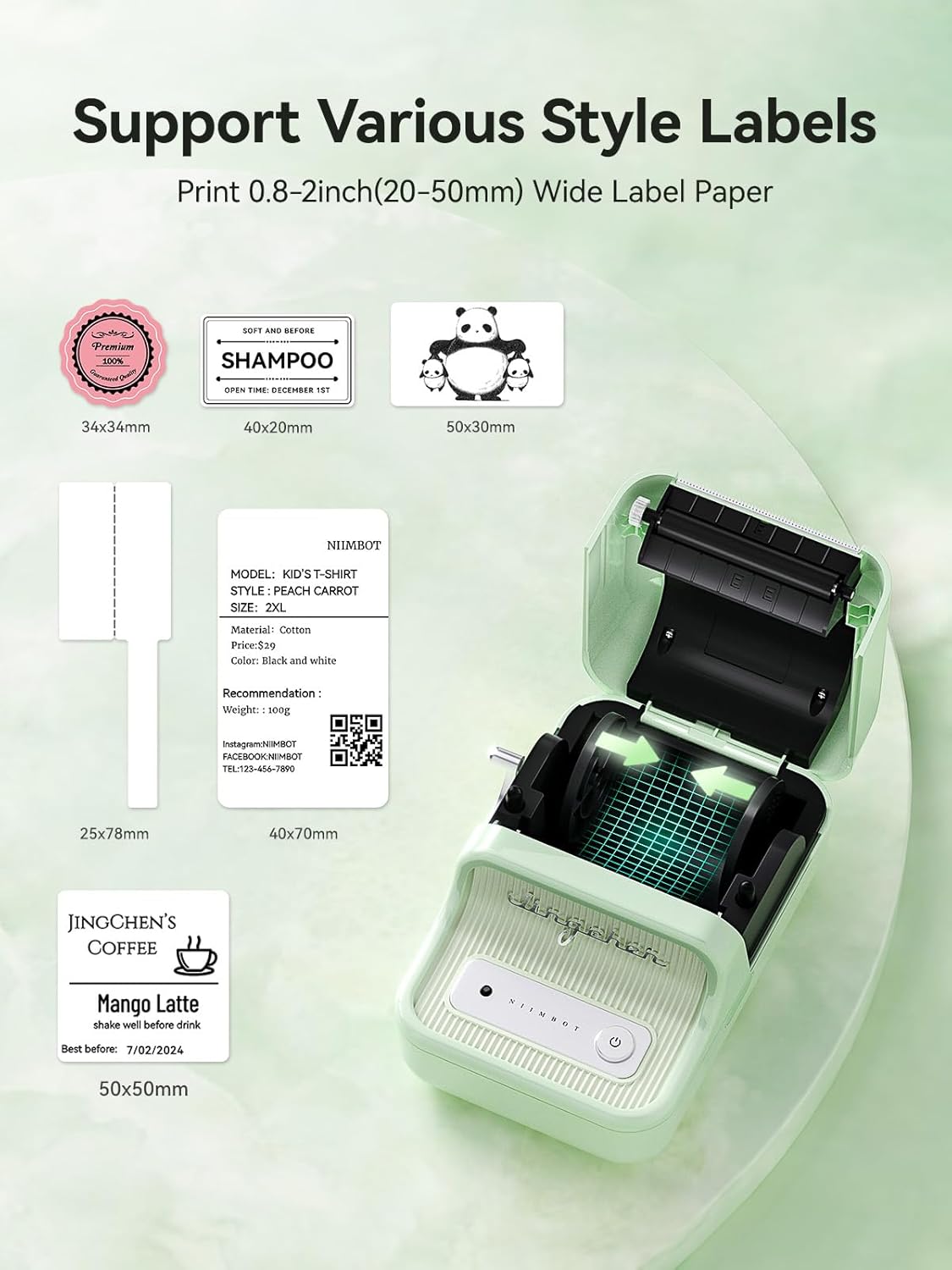 NIIMBOT B21 Label Printer,Bluetooth Thermal Label Maker,Ideal for Home Organization,Business,Ofice,50x30mm Label,230Pcs(Mint Green)