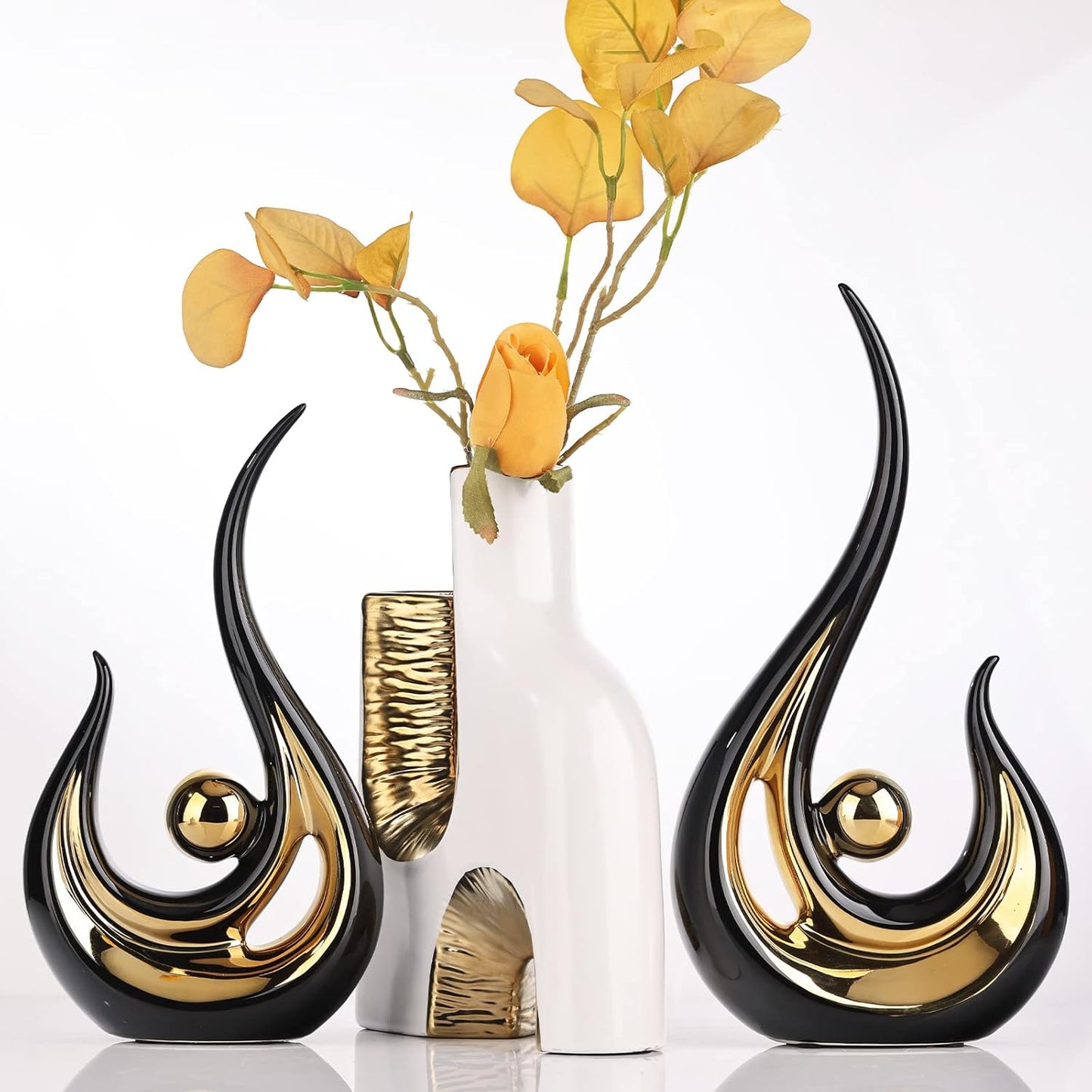XMGZQ Black and Gold Ceramic Abstract Art Decor, Modern Abstract Flame Shape Statue for Home, Office, Dining Room