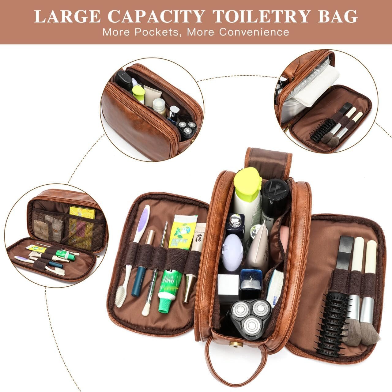 Laripwit Travel Toiletry Bag for Men Large PU Leather Shaving Dopp Kit Water-Resistant Cosmetic Toiletries Organizer Pouch Bathroom Hygiene Case Gift for Mens Brown