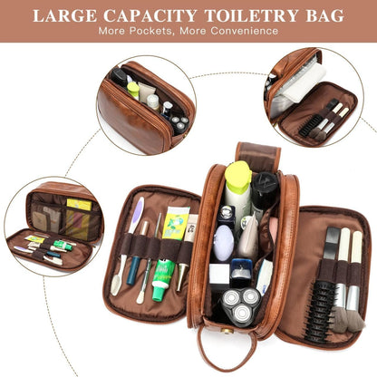 Laripwit Travel Toiletry Bag for Men Large PU Leather Shaving Dopp Kit Water-Resistant Cosmetic Toiletries Organizer Pouch Bathroom Hygiene Case Gift for Mens Brown