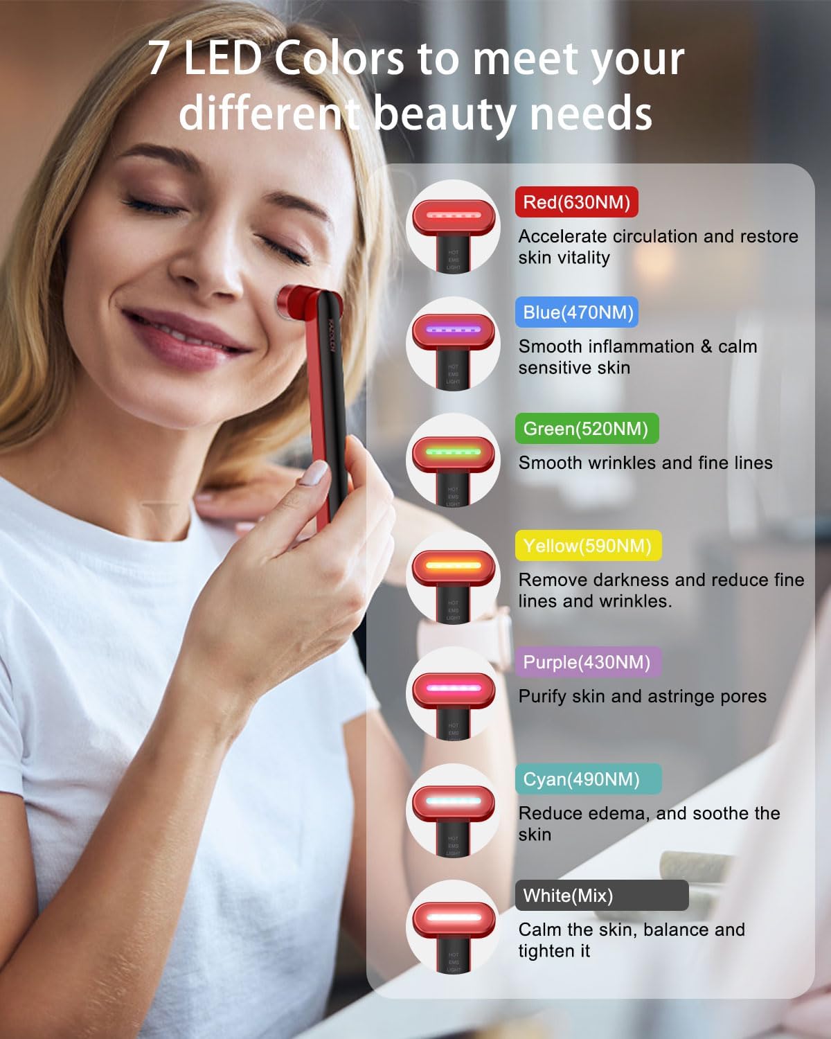 Red-Light-Therapy for Face, 7 Colors LED Light Face Skincare Wand Eye Beauty Device for Skin Care at Home - LED Face Skin Rejuvenation for Face Neck Chin Skincare Tool