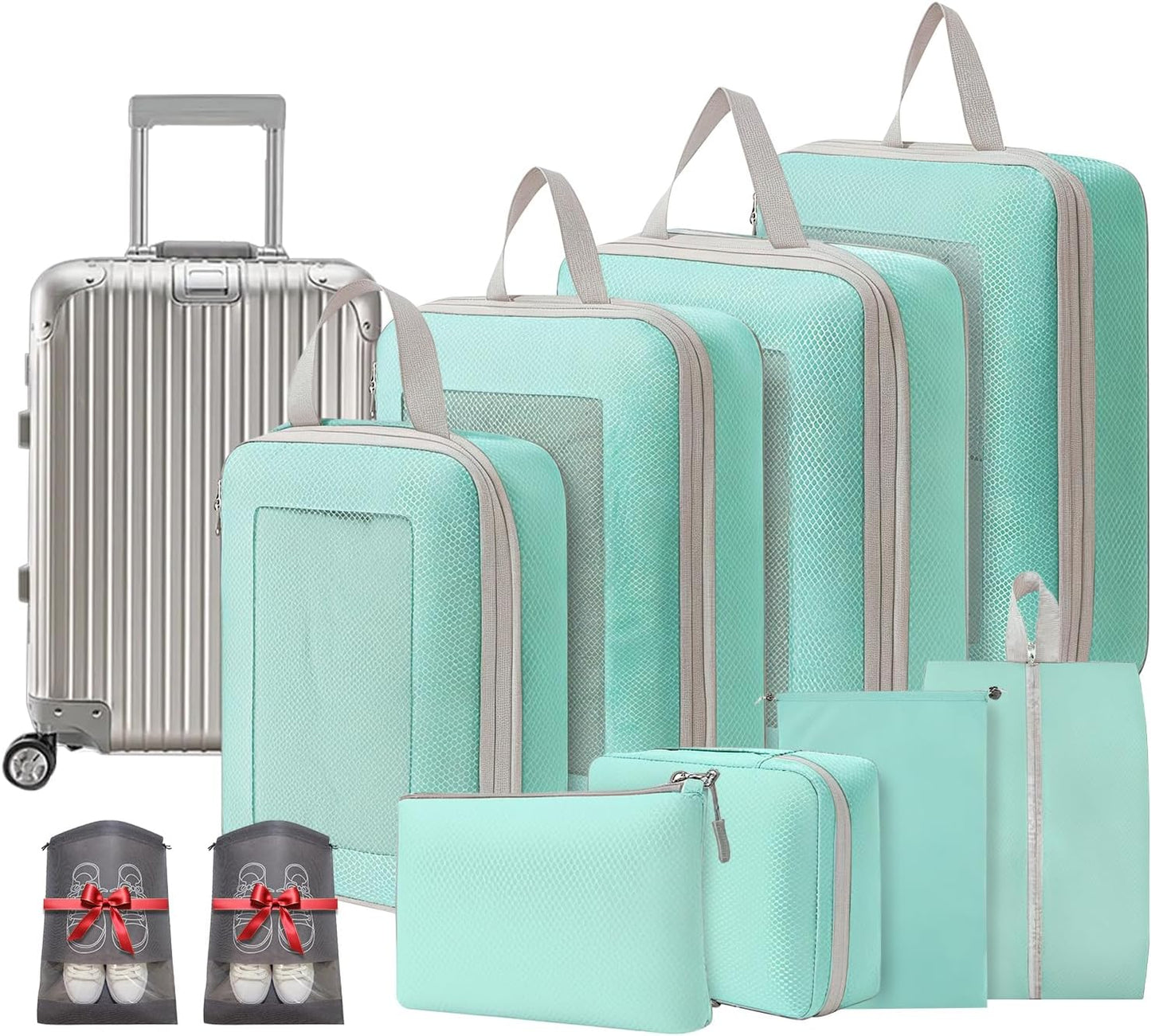 8 Set Lightweight Compression Packing Cubes Travel Organizer for Carry-On Luggage Suitcase Backpack, Space-Saving Luggage Organizer Bags with Extra Shoe Bags, Lake Blue