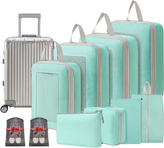 8 Set Lightweight Compression Packing Cubes Travel Organizer for Carry-On Luggage Suitcase Backpack, Space-Saving Luggage Organizer Bags with Extra Shoe Bags, Lake Blue