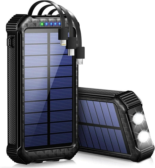 Solar Power Bank 30000mAh Built in 3 Cables, Fast Charging Portable Phone Charger,4 Outputs with Dual LED Flashlights Battery Pack for iPhone Samsung Tablet Outdoor Camping (Black)