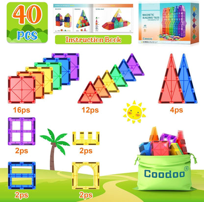 Magnetic Tiles Kids Toys STEM Magnet Toys for Toddler Magnetic Blocks Building Toys Preschool Learning Sensory Montessori Toys for 3+ Year Old Boys and Girls, Safe Creativity Toddler Kids Toys 40PCS
