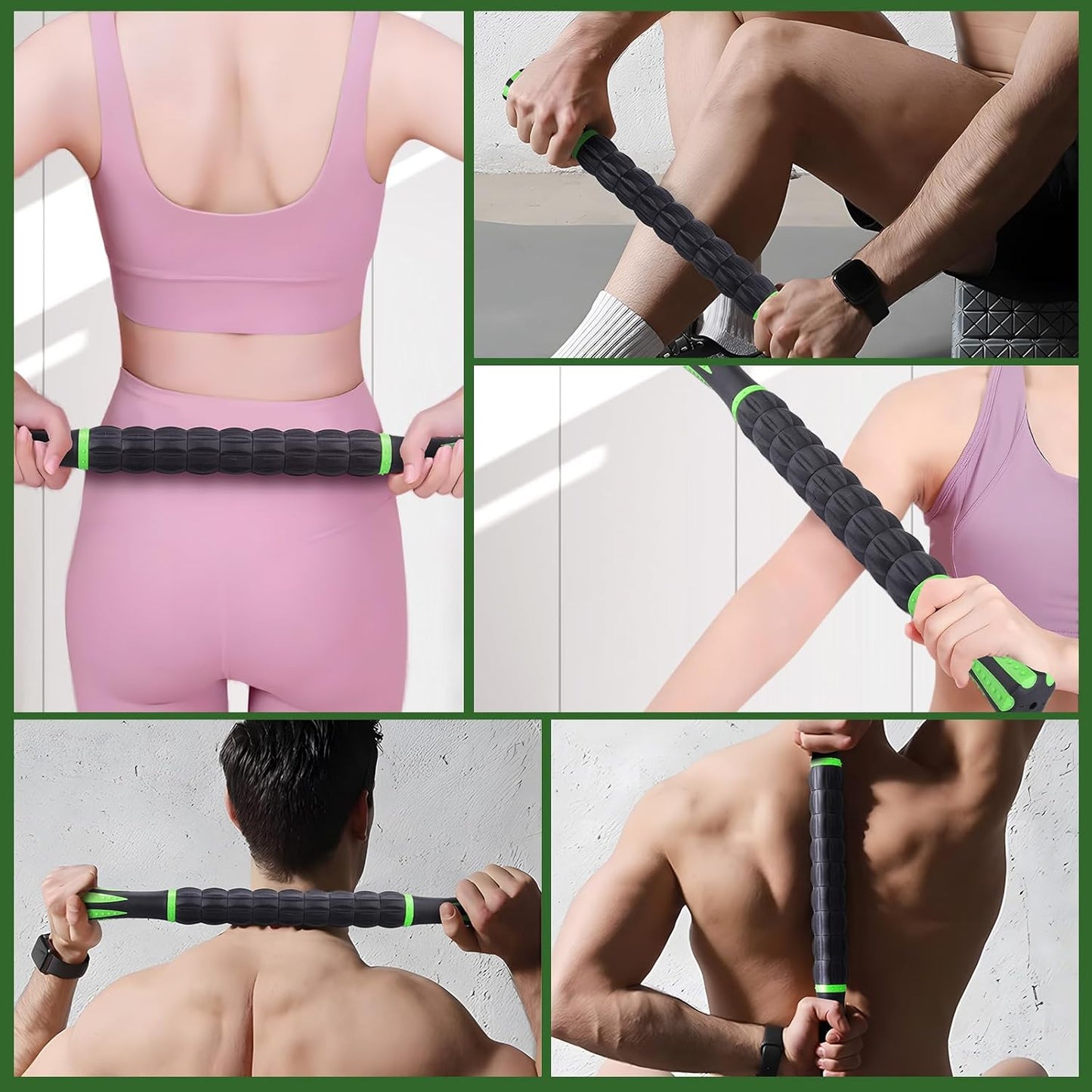 INSCOOL Massage Roller Stick,Muscle Roller Stick for Athletes,Liposuction Massage Roller for Lymphatic Drainage, for Relief Muscle Soreness, Help Runner Legs, Back Recovery (Light Green & Black)