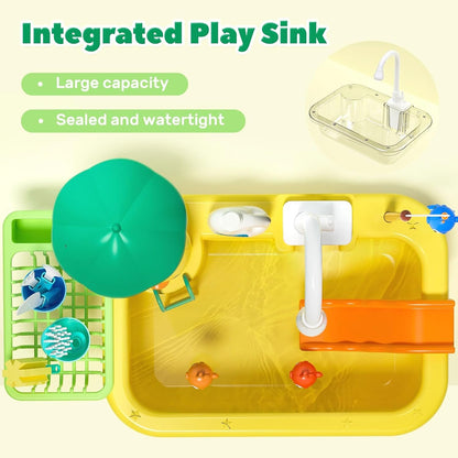CUTE STONE Play Sink with Running Water, Kitchen Sink Toys with Upgraded Electric Faucet, Play Food Toys, Pool Floating Fishing Toys for Water Play, Kids Role Play Dishwasher Toy Gift for Boys Girls