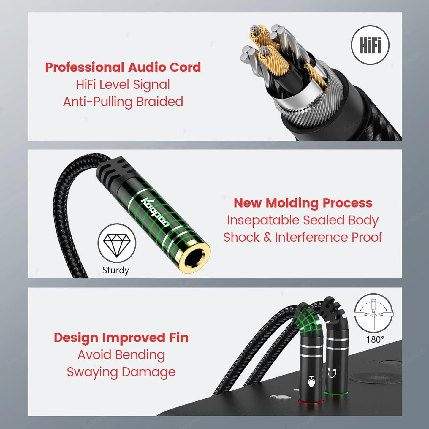 KOOPAO Headphone Mic Splitter for PC, 3.5mm Mic and Audio Y Splitter, 1 Female to 2 Male Aux Adapter Cable for Gaming Computer Laptop, TRRS Earphone or Headset (Black)