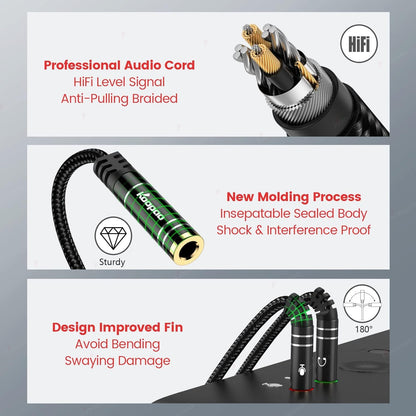 KOOPAO Headphone Mic Splitter for PC, 3.5mm Mic and Audio Y Splitter, 1 Female to 2 Male Aux Adapter Cable for Gaming Computer Laptop, TRRS Earphone or Headset (Black)