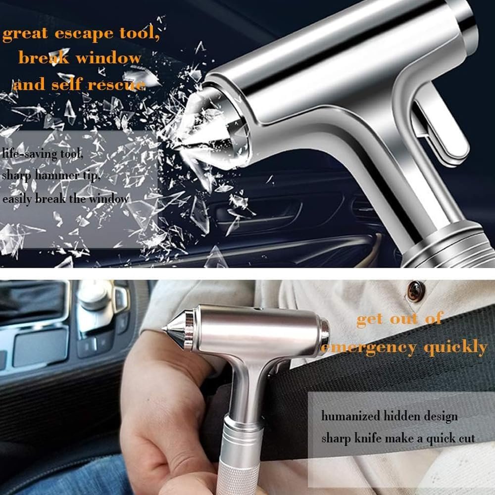 Car Safety Hammer with Whistle, Car Window Emergency Escape Breaker with Seat Belt Cutter, Aluminum Alloy Automotive Life Saving Rescue Tools (Silver)