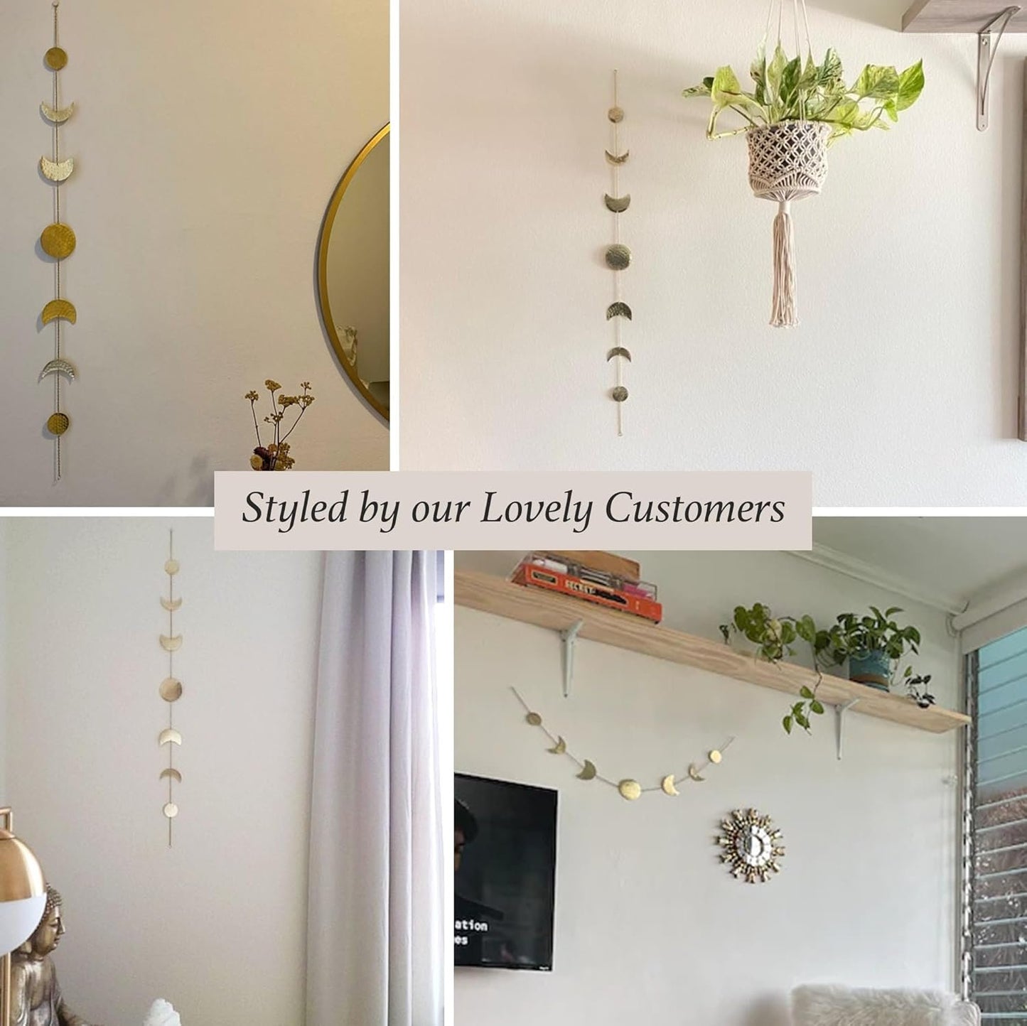 BASE ROOTS Moon Phase Wall Decor, Gold Wall Decor for Bedroom & Living Room, Bohemian Wall Decor, Handmade Hammered Metal 34" 7 Phases Moon Wall Decor, Celestial Wall Art, Gift for Women & Kids
