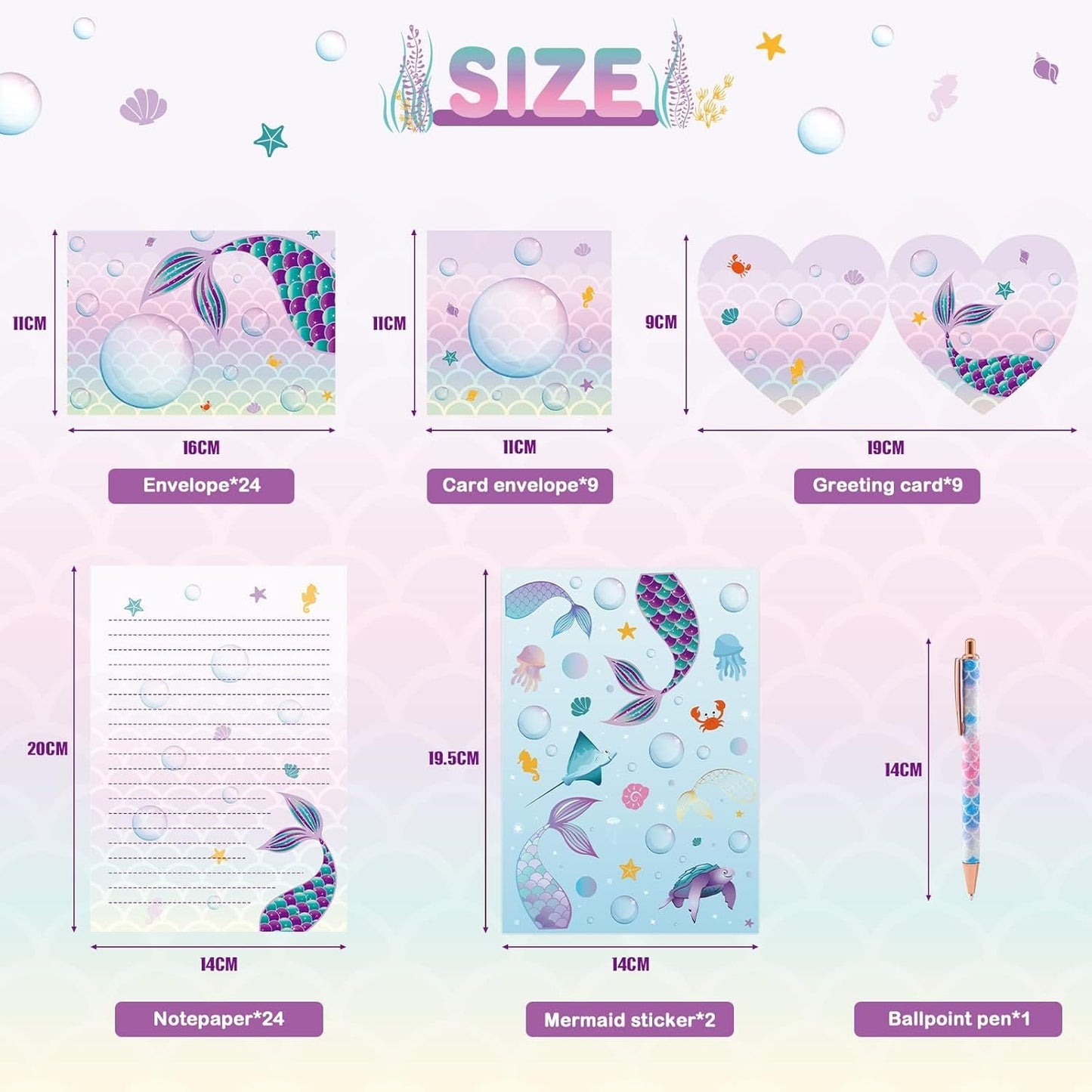 Mermaid Paper and Envelopes Set - 69PCS Magical Mermaid Stationery Paper for Kids Girls Christmas Birthday Gifts Stationery Letter Writing Set Envelopes Greeting Cards Stickers Ballpoint Pen Gift Box