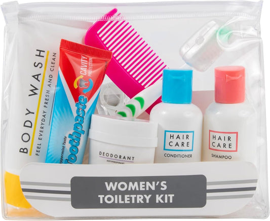 Womenâ€™s Travel Toiletry Bag with Supplies, 15 Piece Travel Size TSA Compliant Oral Care and Grooming Essentials Kit, 15 Piece Kit, Travel Kit