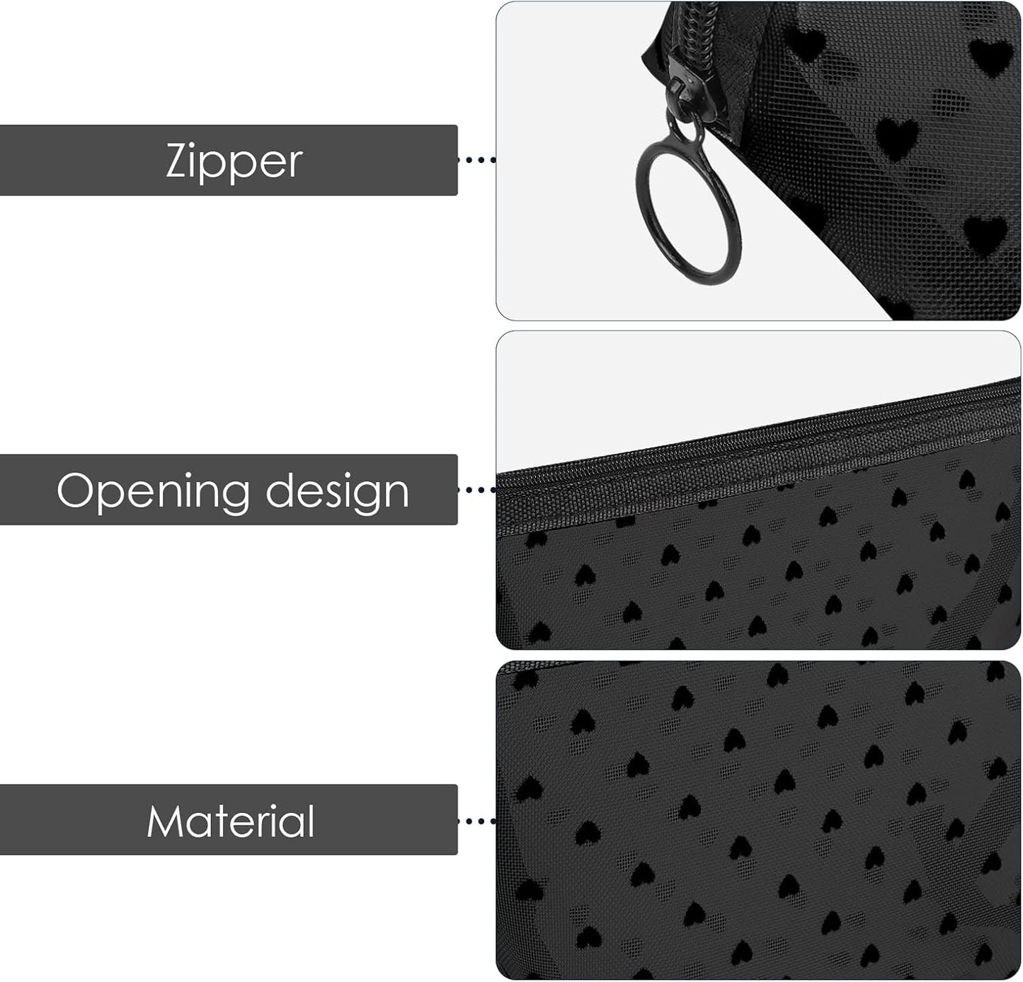 Adorila Mesh Makeup Bags, Heart Print Zipper Mesh Storage Pouch, Travel Cosmetic Accessories Organizer for Women, 4 pack-black, XBL0153003