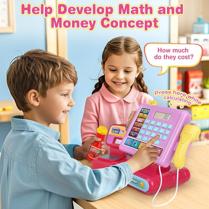 Dreamon Cash Register Toy for Kids with Scanner, Caisse Enregistreuse Enfant, Play Money Shopping Cart Educational Learning Gifts for Girl Boys Ages 3 4 5 6 7 8