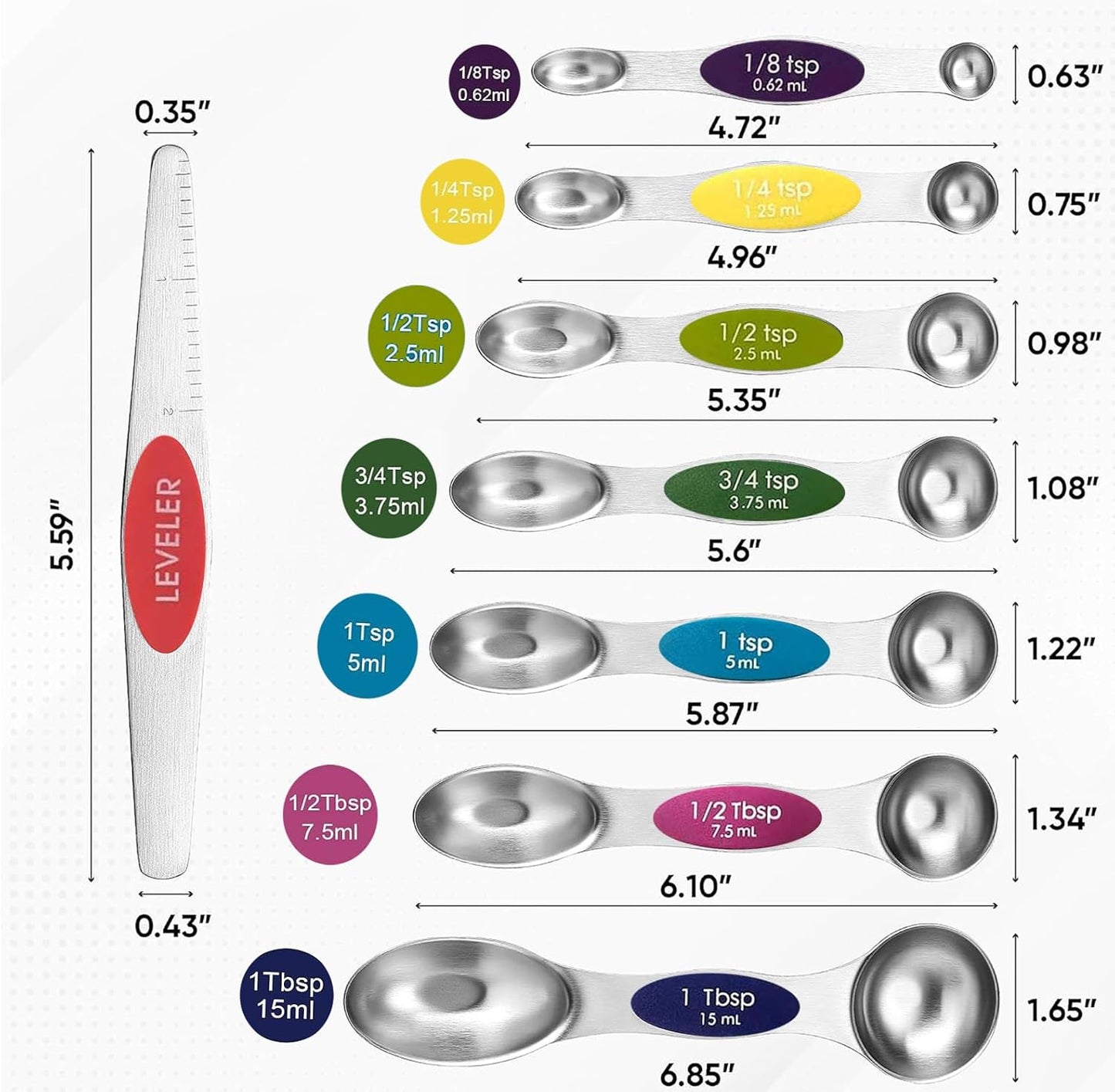 Magnetic Measuring Spoons Set, 7 Measuring Spoons and Cups 1 Leveler Stainless Steel Dual Sided Stackable Teaspoon for Liquid and Dry Ingredients