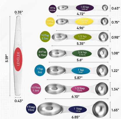 Magnetic Measuring Spoons Set, 7 Measuring Spoons and Cups 1 Leveler Stainless Steel Dual Sided Stackable Teaspoon for Liquid and Dry Ingredients