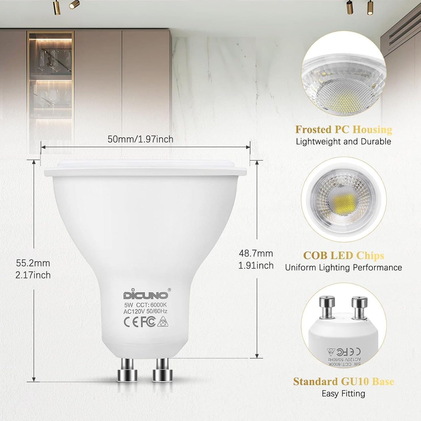 DiCUNO GU10 LED Bulbs, 50W Equivalent, 6000K Daylight White, 5W 500lm, MR16 45° Flood, Non-Dimmable for Track & Recessed Lighting, 10-Pack