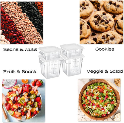 4 Pcs Food Storage Containers with Lids 2 and 4 Quart Clear Plastic Commercial Container Set with Scales Handles for Home Restaurant Fridge Freezer Kitchen Brining Food, Proof Dough, Marinating Meat