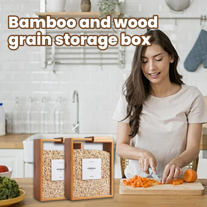 4Pcs Bamboo Kitchen Cereal Containers, 9x7x3 Inch Wood Food Dispenser with Removable Lids, Clear Kicthen Storage Can for Snack, Rice, Flour, Pasta