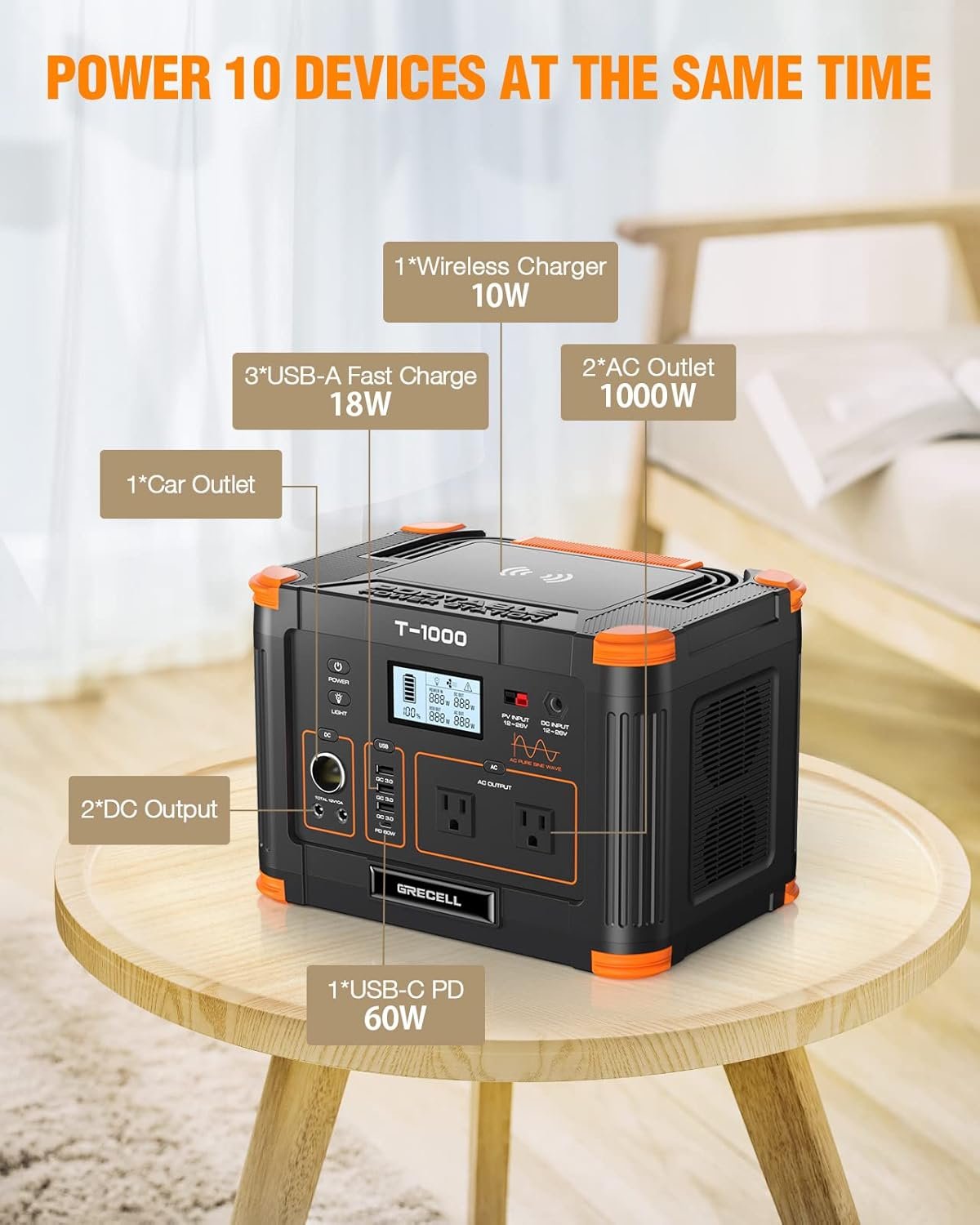 Portable Power Station 1000W (Peak 2000W), GRECELL Solar Generator 999Wh with 60W USB-C PD Output 110V Pure Sine Wave AC Outlet Backup Lithium Battery for Outdoors Camping Travel Hunting Home