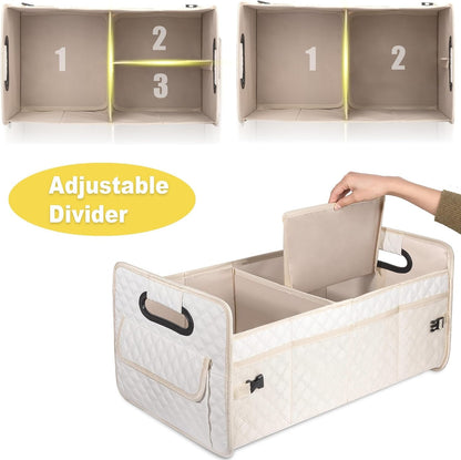 JiatuA Car Trunk Organizer for SUV, Car Storage Organizer Collapsible Multi Compartment Container Box Adjustable Car Accessories for Women Men, Beige
