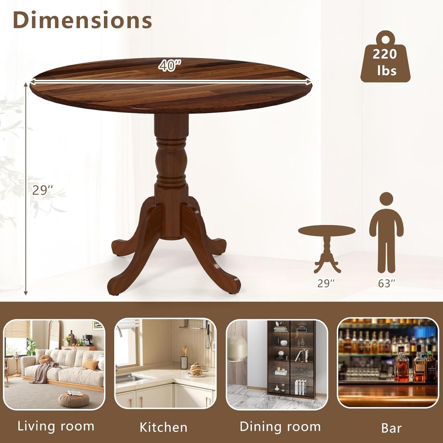 SILKYDRY 40-inch Round Dining Table, Rubber Wood Kitchen Dinette Table for 4 with Circle Tabletop & Pedestal Base, Mid Century Modern Dinette for Gathering, Leisure, Apartment, Bar (Walnut)