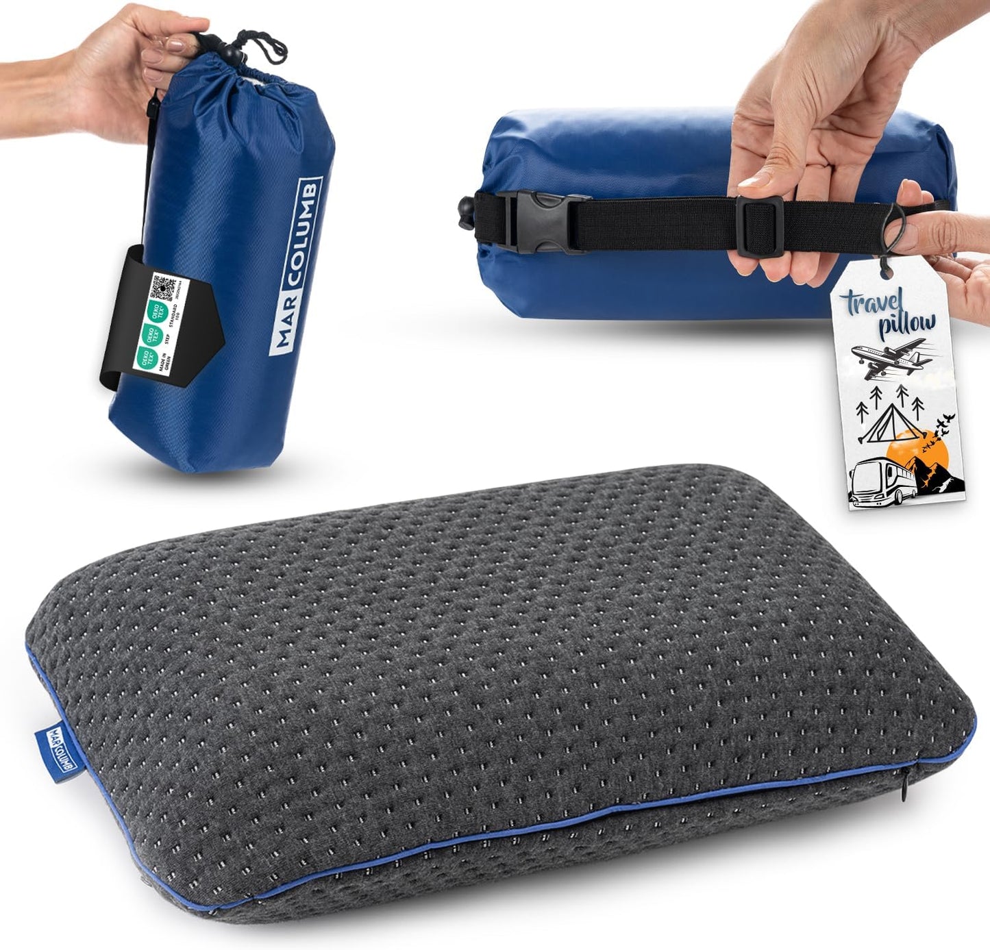 Marcolumb Travel Pillow - Ergonomic Camping Memory Foam Neck Support with Heat Regulating Cover - Waterproof Travel Bag Included (Black)