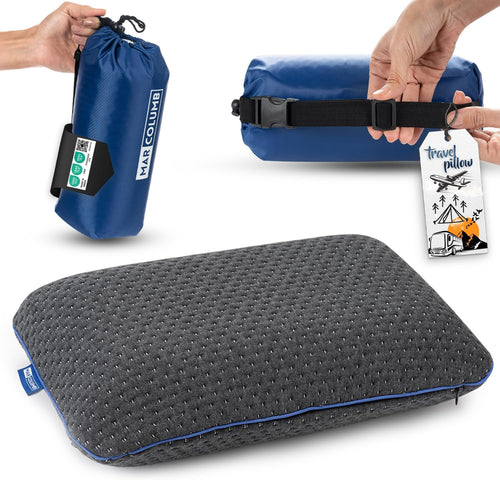 Marcolumb Travel Pillow - Ergonomic Camping Memory Foam Neck Support with Heat Regulating Cover - Waterproof Travel Bag Included (Black)